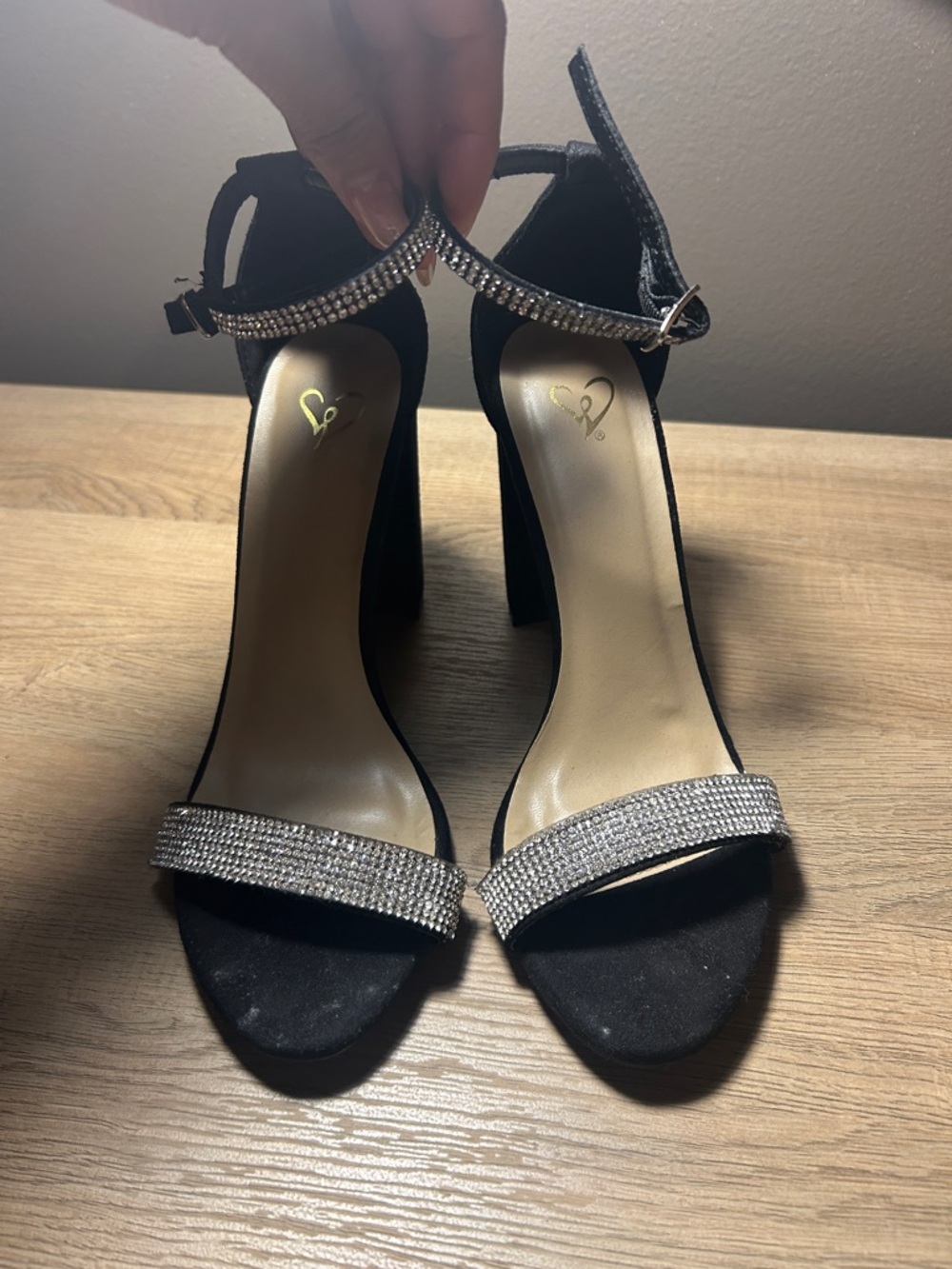 Windsor Black Faux Suede Rhinestone Ankle Strap Block Heels